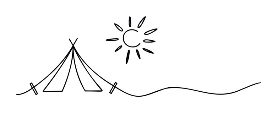 Minimalist line drawing of a tent and sun, evoking camping and outdoor adventure, perfect for travel blogs or adventure gear marketing.