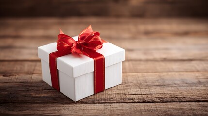 Three-Quarter View of an Elegant White Holiday Gift Box Tied with a Red and Gold Ribbon on Dark Rustic Wood.