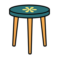 Round wooden stool with three legs and a yellow flower design on the seat