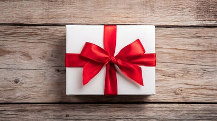 Elegant Christmas Gift Flat Lay: White Present Box with a Vibrant Red Satin Bow Placed on a Rustic Wooden Background.