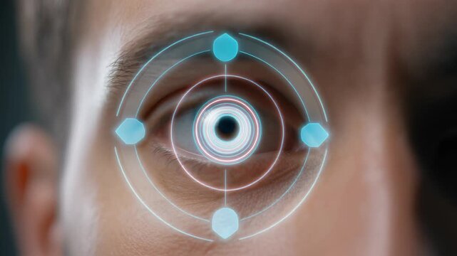Close-up of a human eye with a futuristic digital overlay for biometric scanning or eye tracking technology.