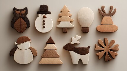 Rustic Holiday Icons: A Flat Lay Composition of Wooden Puzzle Pieces Shaped like Christmas and Winter Characters.