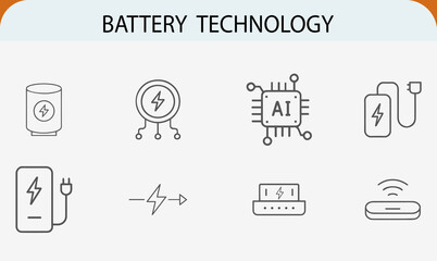 Battery technology line icons set. Power, charging, electric energy symbols.