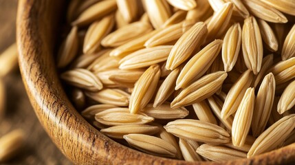 kamut. Close-up of a bowl containing cooked grains, highlighting their elongated shape. menu design, packaging mockups, designed for culinary blogs and recipe cards for restaurants.