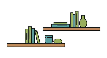 Minimalist illustration of two staggered wooden floating shelves decorated with stacks of books and simple ceramic vase and cup
