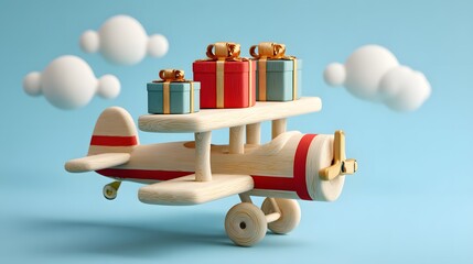 Whimsical 3D Rendering of a Vintage Wooden Biplane Carrying Festive Presents Across a Pastel Blue Background.