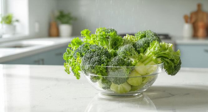 Fresh broccoli and kale being washed for a healthy meal, perfect for food blogs, nutrition guides, and vibrant culinary content, promoting wellness naturally