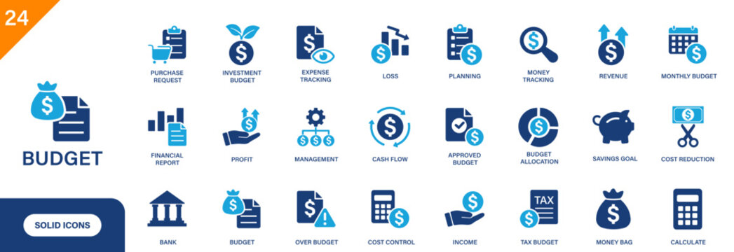 Budget icon. Includes cost budget, cash flow, budget allocation, purchase request, financial report. Solid vector icon set.