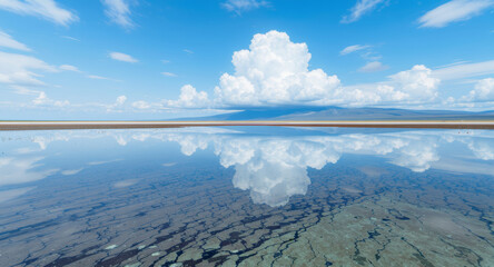 Obraz premium Serene lake reflects fluffy clouds under a clear blue sky, a tranquil scene for travel, nature and peaceful contemplation, a stunning lakeside vista