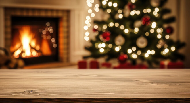 Cozy wooden table top in warm Christmas living room with glowing fireplace and festive blurred tree lights in background.