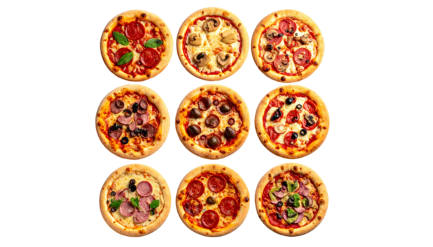 Isolated Collection of Mini Pizzas - Top-Down Grid of Small Gourmet Pizzas with Various Toppings and Flavors