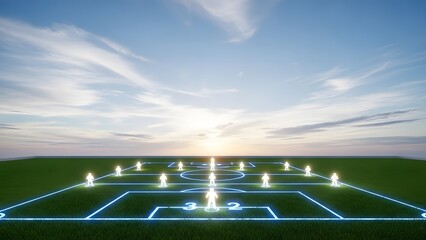 Obraz premium Digital Soccer Arena: An illuminating, conceptual aerial view of a soccer field with glowing, interactive game elements on a well-maintained grass pitch, all under a dynamic, sun-kissed sky.