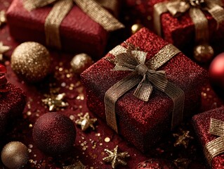 Luxurious festive gift scene overhead view with red glitter boxes, golden ribbons and decorations 3D render