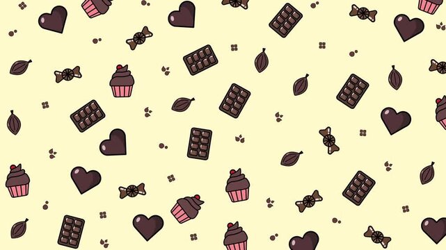 Chocolate pattern seamless animation background featuring hearts cupcakes candy and cocoa beans. Perfect for valentines day cards, social media posts, and food blogs.