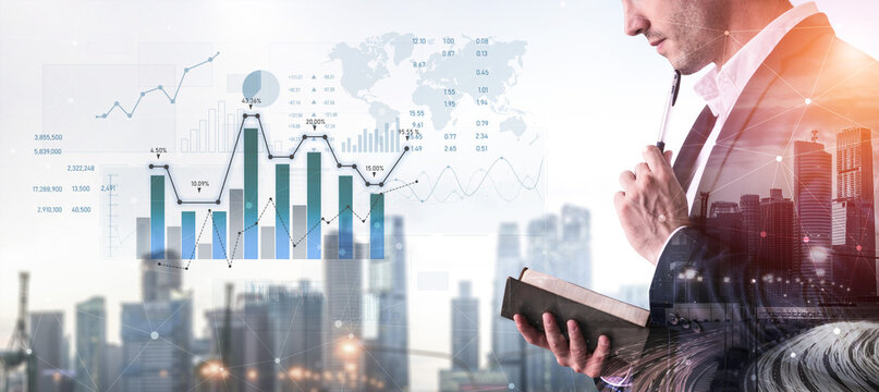 A businessman reflects on financial analytics while analyzing data trends over a modern city skyline, emphasizing strategic decision making in a dynamic market. Scalp