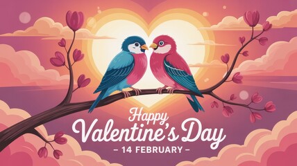 Two love birds sitting on branch with heart sun for valentine day