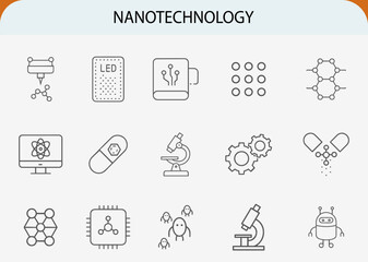 Nanotechnology icon set, future science molecular research minimal line vector