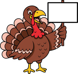 Cheerful Brown Turkey Cartoon Character Holding a Blank Signboard or Banner, Perfect for Thanksgiving, Announcements, and Holiday Promotional Messages on White.