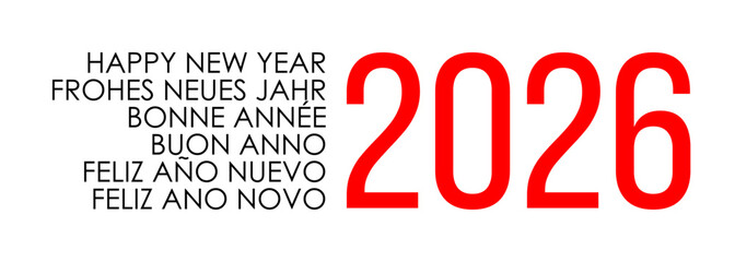 2026 happy new year greetings card in english german french italian spanish portuguese languages
