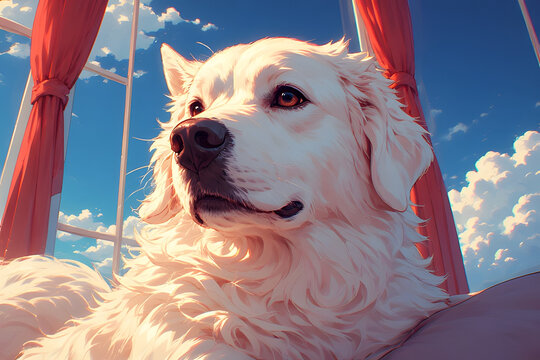 an illustration of a white dog face with a blue sky view digital AI Art - Powered by Adobe