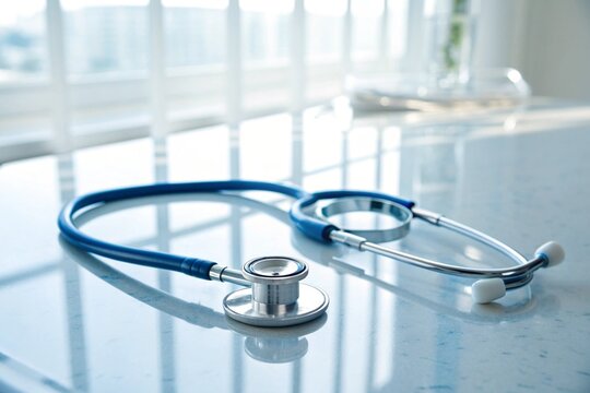 Futuristic health care and medical concept background, featuring AI-generated digital hospital elements, doctor, stethoscope, laboratory instruments, diagnostics, cardiology, surgery, technology.