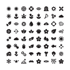 nature, abstract, icon, set, vector, glyph, monochromatic, black, white, flower, leaf, plant, sun, water drop, cloud, shell, star, eye, cross, organic, symbol, element, design, minimal, universal, app