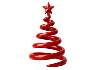 Glossy red spiral Christmas tree with a bright star topper forming a modern festive holiday decoration shape isolated on white background