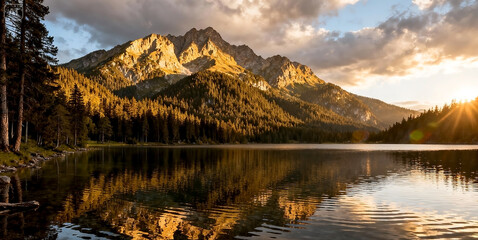 Sunset over Mountain Lake, Golden Hour Landscape Reflection