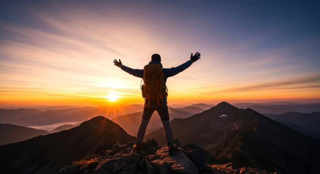 Male hiker celebrating triumphant success on a majestic mountain peak at breathtaking sunrise, arms outstretched, feeling freedom and accomplishment.