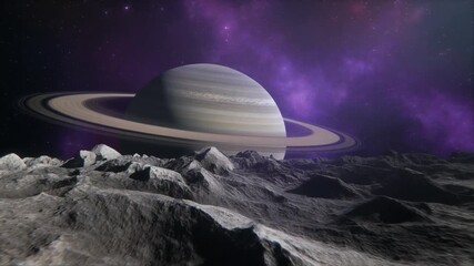 A majestic ringed planet is viewed from the rugged surface of a distant moon in deep space - Powered by Adobe