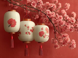 Elegant Chinese Style Festive Scene 3D Render: White Gold-trimmed Lanterns with Pink Cherry Blossoms on Deep Red Matte Wall