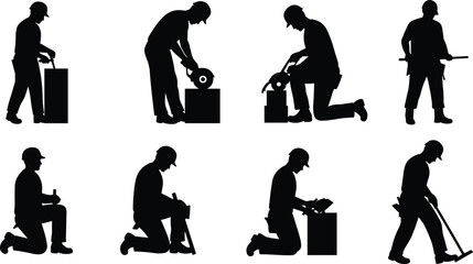 Construction workers silhouettes, manual labor, carpentry tools, hammer and saw, workplace safety, industrial labor, building site, teamwork concept, occupational safety, craftsmanship, cleaning tools