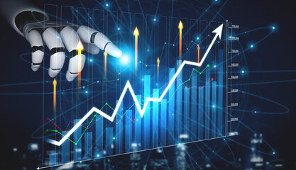 A high-tech digital scene featuring a robot hand pointing towards rising financial charts, symbolizing growth and innovation in technology and data analysis. Scalp