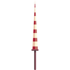 Tall Conical Structure with Alternating Red and Cream Bands Mounted on a Dark Pole Against a Pure White Background Representing a Stylized Antenna or Tower with a Sharp Point