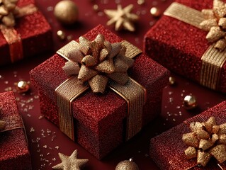 Luxurious festive gift scene overhead view: red glitter boxes with golden ribbons and ornaments 3D render