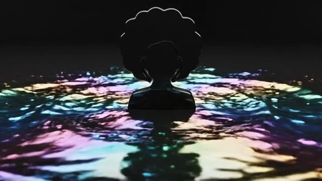Dark silhouette of a head with an afro hairstyle reflecting vibrant rainbow colors on a rippling liquid surface.