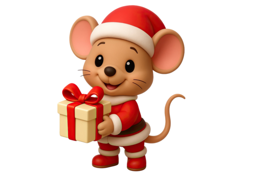 Cute cartoon mouse in Santa outfit holding festive gift box with cheerful holiday expression and joyful seasonal charm isolated on white background