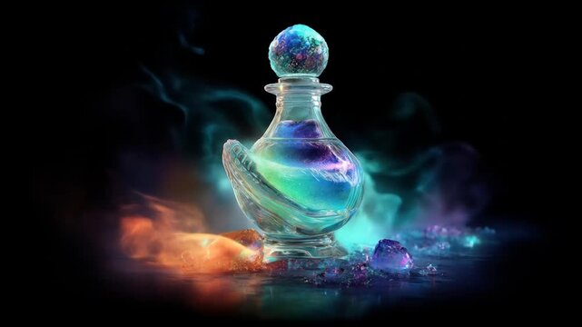 A fantastical potion bottle filled with vibrant, swirling liquid, surrounded by colorful, glowing mist