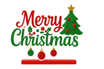 Fototapeta premium Glitter merry Christmas sign with festive tree holly berries ornaments and bright star displayed on red stand isolated on white background