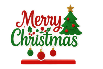 Glitter merry Christmas sign with festive tree holly berries ornaments and bright star displayed on red stand isolated on white background