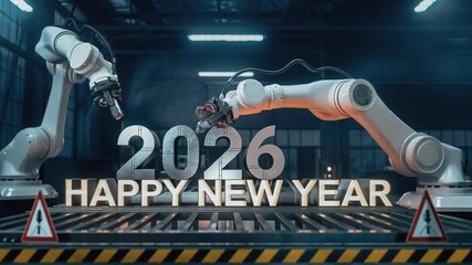 Robotic arms weld "2026 Happy New Year" with sparks in a futuristic industrial setting. - Powered by Adobe