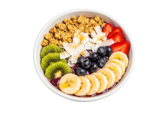 Fresh acai bowl with fruit and granola isolated on transparent background for healthy eating and breakfast menus