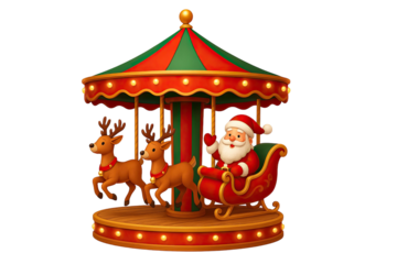 Santa riding festive carousel with reindeer figures under colorful illuminated canopy creating cheerful holiday amusement scene isolated on white background