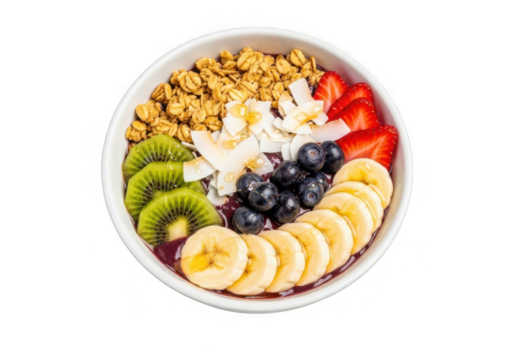 Fresh acai bowl with fruit and granola isolated on transparent background for healthy eating and breakfast menus