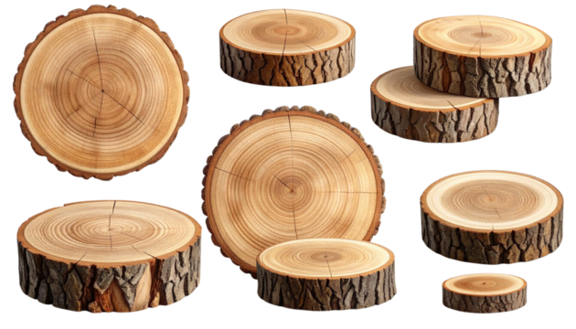 Isolated Collection of Rustic Wood Tree Slices - Natural Timber Rounds with Bark, Annual Rings, and Cross-Section Texture