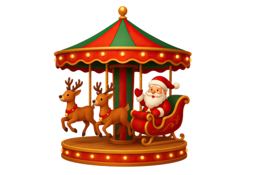 Santa riding festive carousel with reindeer figures under colorful illuminated canopy creating cheerful holiday amusement scene isolated on white background