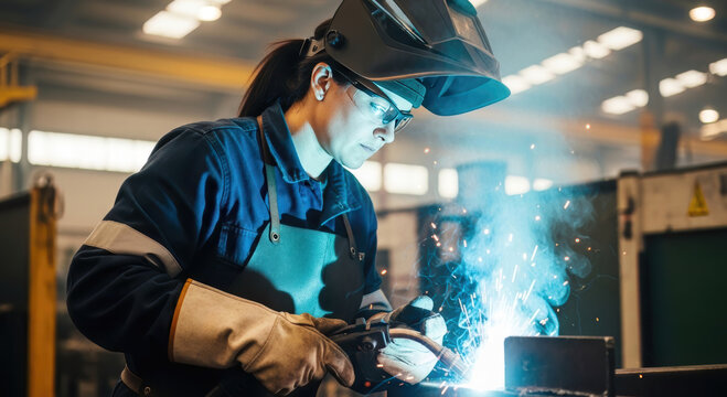 A focused woman welder in protective gear skillfully creates bright sparks during metal fabrication in an active industrial factory setting.