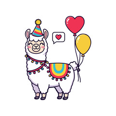 Fototapeta premium Cute Llama Wearing Party Hat Holding Balloons and Celebrating Birthday