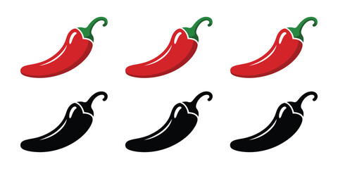 Hot chili pepper icons, red and black silhouettes, vector illustration set, spicy food, Mexican cuisine, restaurant branding