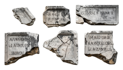 Isolated Collection of Ancient Broken Stone Plaques - Historical Fragments with Latin Inscriptions and Weathered Texture